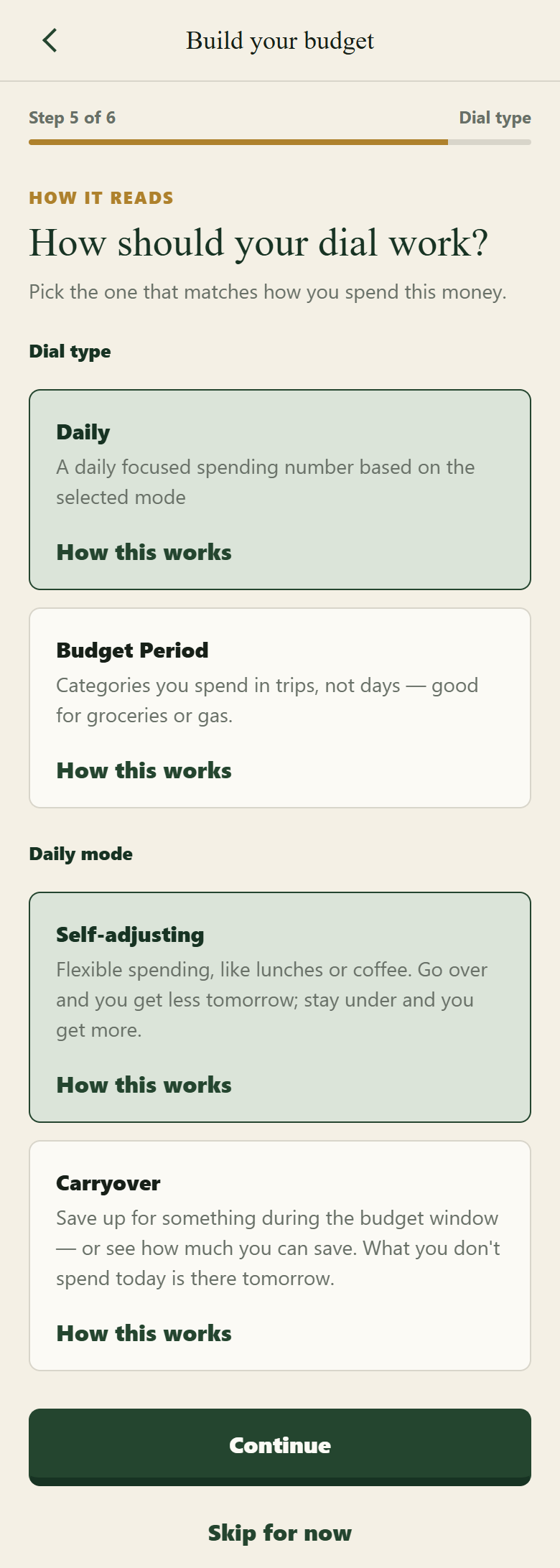 The dial step while setting a budget up in the iPhone app, headed Build your budget and marked Step 5 of 6, Dial type: the question “How should your dial work?”, a Dial type group with Daily chosen beside Budget Period, and a Daily mode group with Self-adjusting chosen beside Carryover, each option carrying the kind of spending it suits and a How this works link.