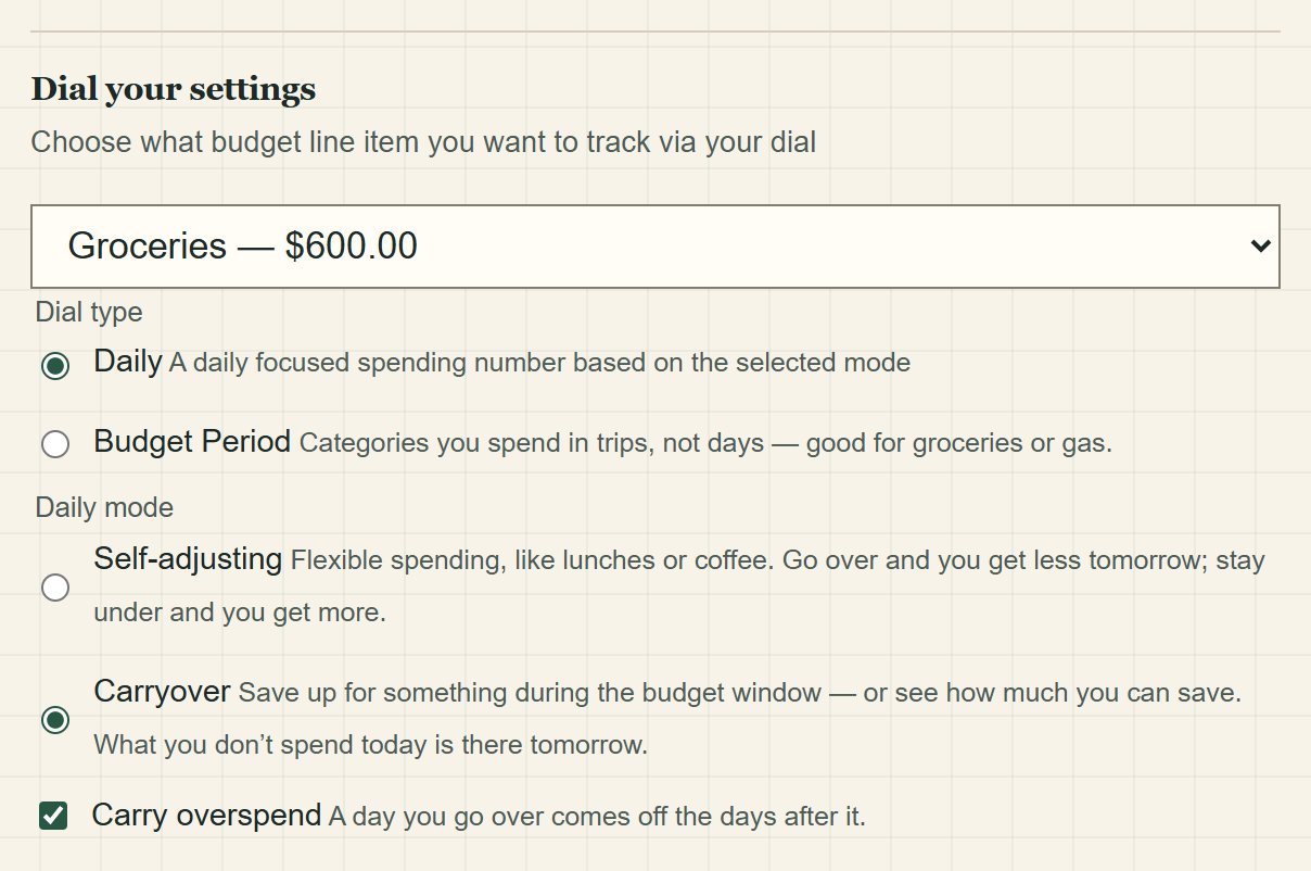 The Dial your settings section of the Your settings page: the note reading “Choose what budget line item you want to track via your dial” above a menu holding the household's budget lines with Groceries chosen and its amount for the period beside it, a Dial type choice of Daily and Budget Period with Daily chosen, a Daily mode choice of Self-adjusting and Carryover with Carryover chosen, each option followed by the kind of spending it suits, and a Carry overspend tick box, ticked.