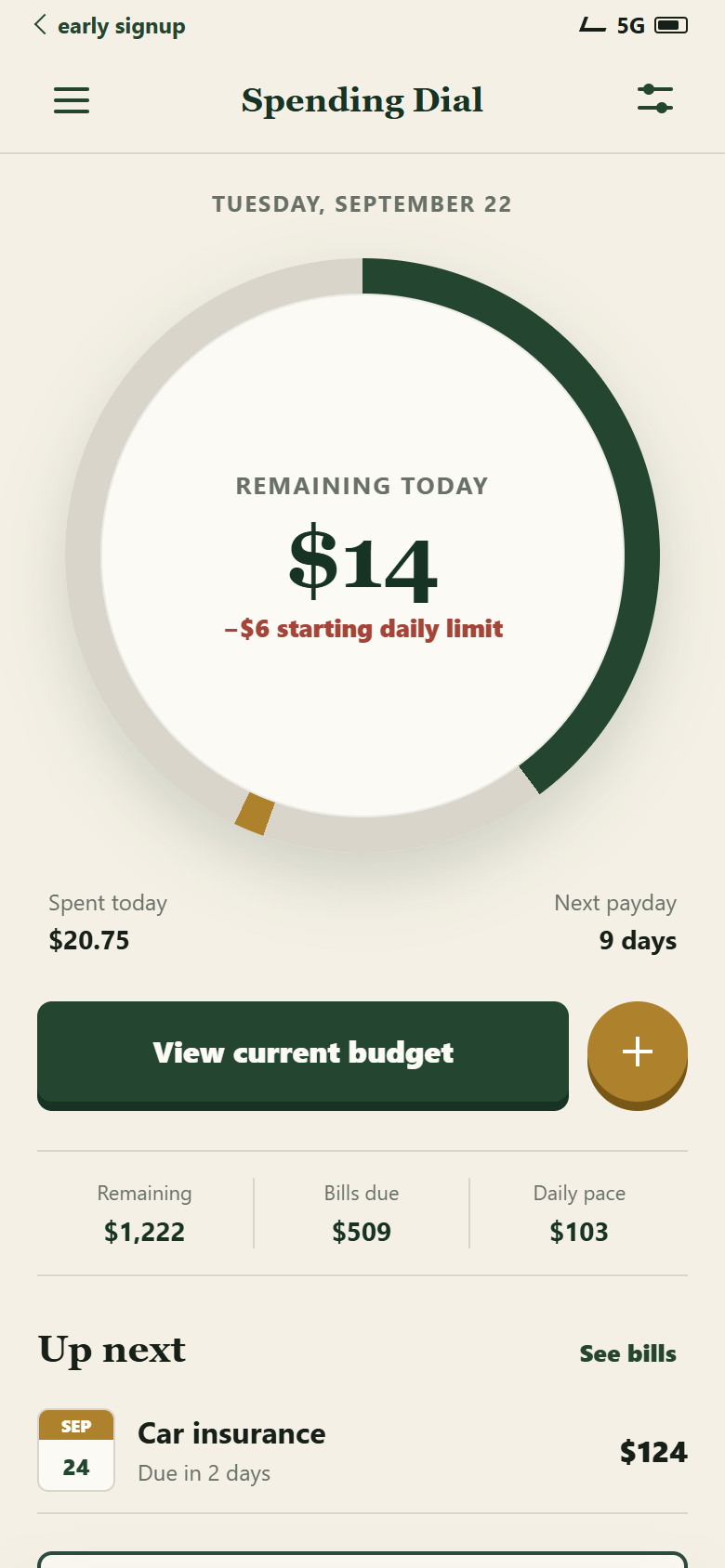 The demo open on its home screen: a large ring dial labelled “Remaining Today” with an amount in the middle, the date above it, what has been spent today and how long until the next payday on either side beneath it, a row under that showing what is remaining, what bills are due and the daily pace, and the next bill due at the foot.