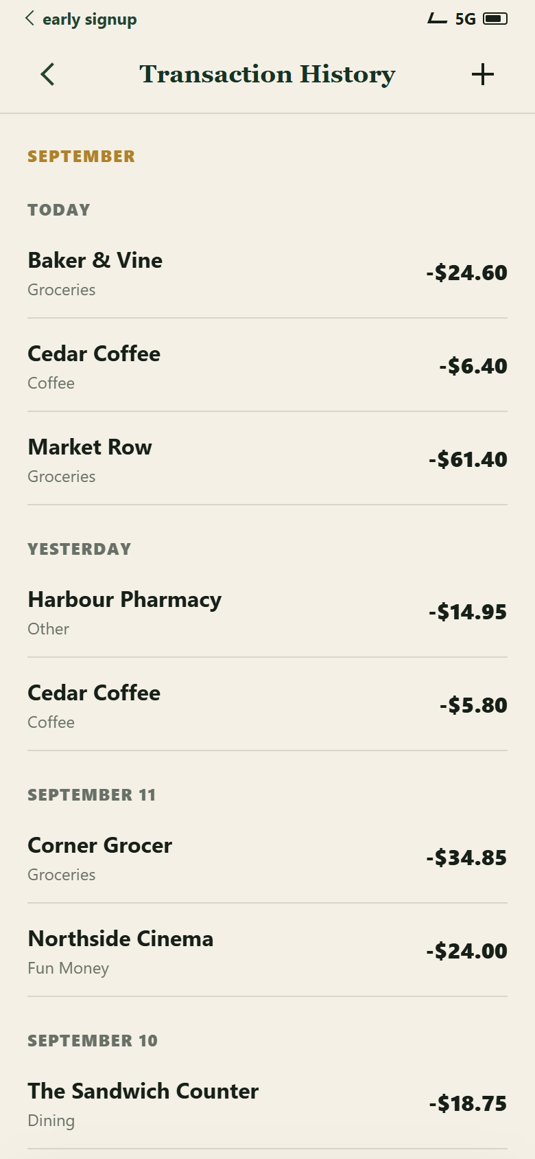 The demo’s transaction history: the month at the top and a list of entries below it, each showing what it was for, the category it went to and its amount, with the spend just added sitting at the top of the list.