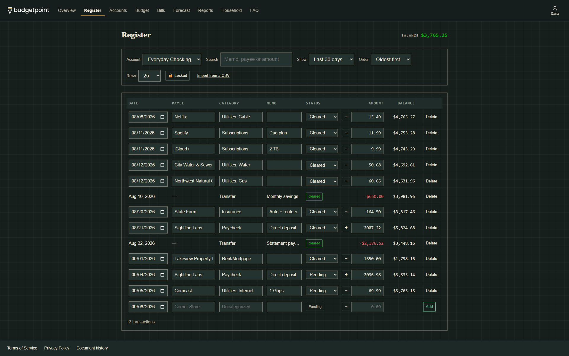 The Budgetpoint transaction register for a checking account: dated rows with payee, category, memo, amount and status, and a running balance column down the right.